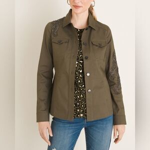 Chico’s Lace Embroidered Embellished Appliqué Utility Army Green Jacket XL NEW